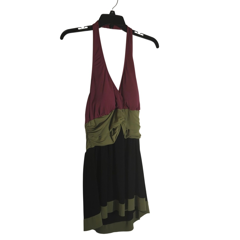 Colorblock Halter Mini Dress Burgundy Olive Green Black Ruched V-Neck Size M